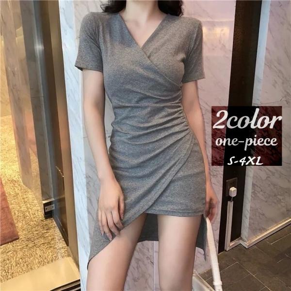 ワンピース レディース タイト ミニ ショート丈 クロスオーバーネック Vネック 半袖 アシンメトリ...