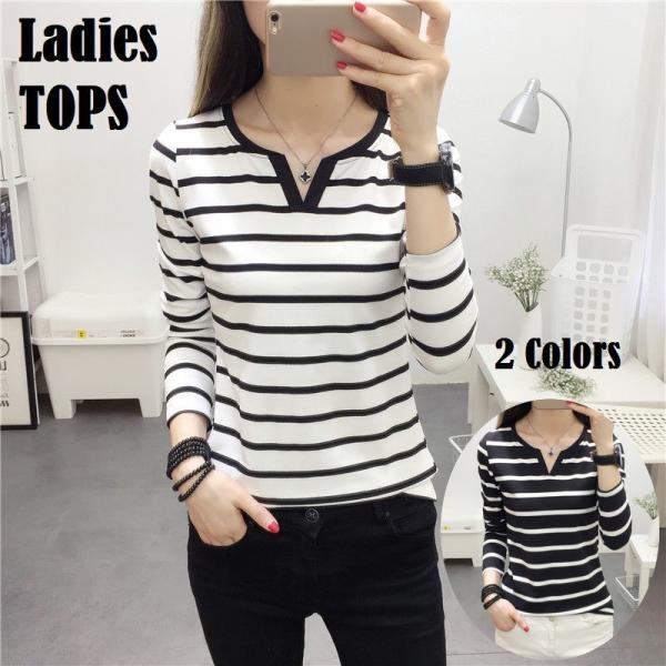 カットソー レディース 女性 トップス 長袖 Vネック ボーダー シンプル 定番 重ね着 おしゃれ ...