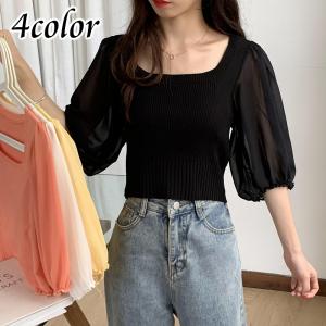 ニット 7分袖 レディース スクエアネック ショート丈