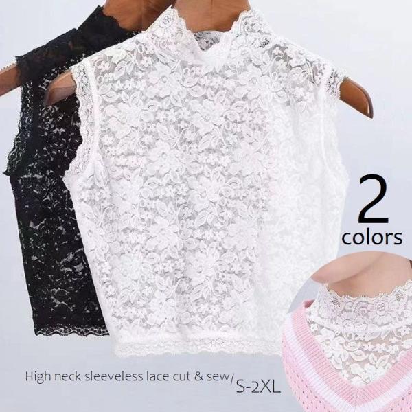 レースカットソー ハイネック ノースリーブトップス レディース 刺繍レース 袖なし 透け感 シースル...