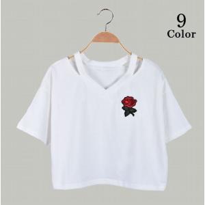 刺繍入り半袖Tシャツ ショート丈 ネックデザインTシャツ 薔薇 カットソー Vネック 肌見せ スポーティー 夏 サマー シンプル トップス カジュアル