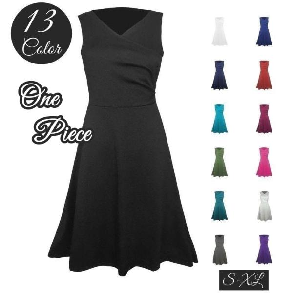 ワンピース ノースリーブ 膝丈 膝上 ミディアム丈 レディース 女性 袖なし Vネック Vライン フ...