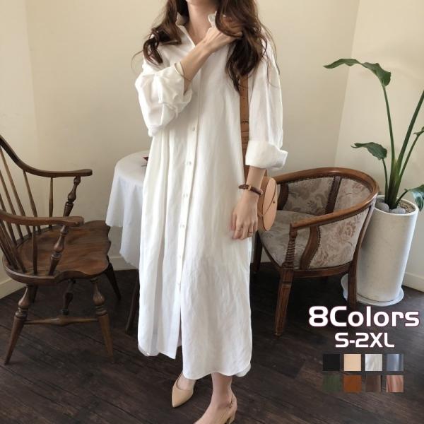 シャツワンピース ロング丈 長袖 レディース ゆったりめ オーバーサイズ スリット 羽織り 体型カバ...