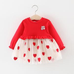 ワンピース 子供服 キッズ ベビー服 ハート レース メッシュスカート ウエストフリル 長袖 カジュアル かわいい 女児 女の子