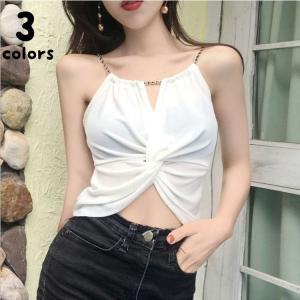 キャミソール レディース ノースリーブ 袖なし ヘソ出し ショート丈 丈短め ねじり 露出多め 無地 柄なし セクシー タイト スリム 大人かわいい