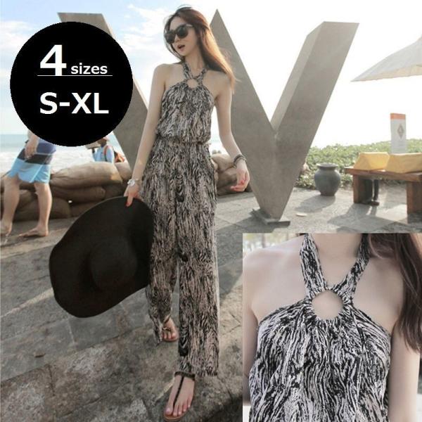 ホルターネック コンビネゾン レディース オールインワン サロペット サロペ 総柄 プリント ノース...