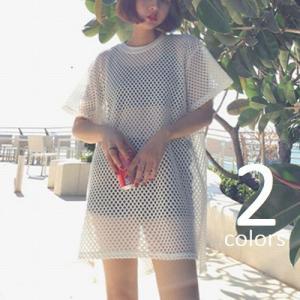 半袖カットソー ロング丈 チュニック トップス レディース 夏 白 黒 シースルー メッシュ ゆったり レイヤード 重ね着 透け感 リゾート ビーチ｜plusnao