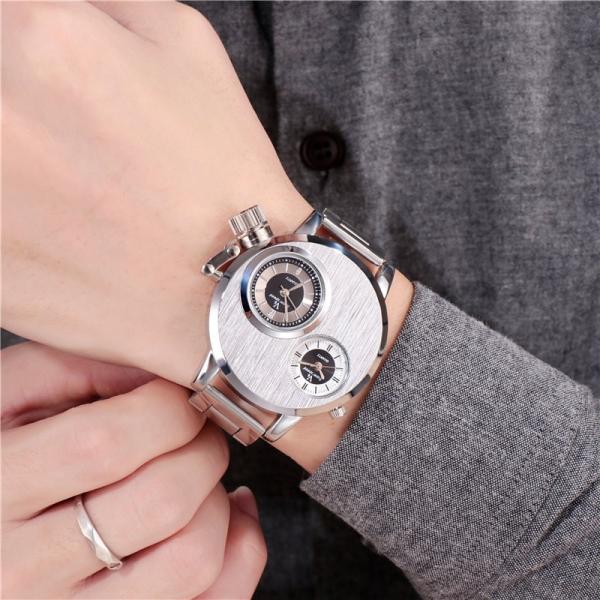 腕時計 アナログ 時計 男女兼用 ダブルダイヤル ダブルフェイス メタルバンド バーインデックス ア...