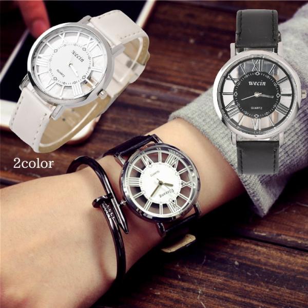 腕時計 メンズ レディース 男女兼用 アナログ ラウンド型 フェイクレザー スケルトン カジュアル ...