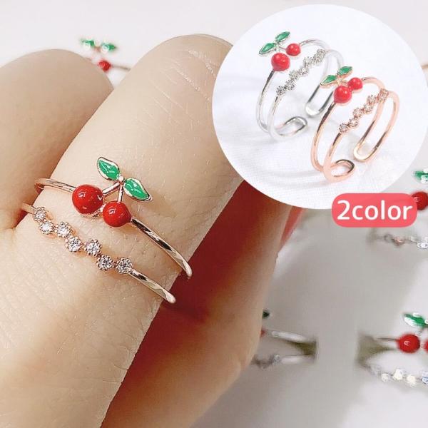指輪 リング ラインストーン 二連風 さくらんぼ チェリー かわいい おしゃれ おでかけ レディース...