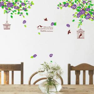 ウォールステッカー 壁 ウォール 壁紙 シール 花 ハイビスカス 鳥 鳥かご はがせる 取り外し ルーム 部屋 寝室 子供部屋 リビング オフィス か