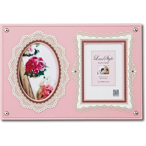 フォトフレーム　壁掛け　卓上　アウトレット　レーススタイルフォトフレーム「2ウィンドー・ライトピンク...