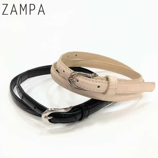型押し細ベルト 17-0480 zampa　クロコ型押し レザーライク ナローベルト レディース キ...