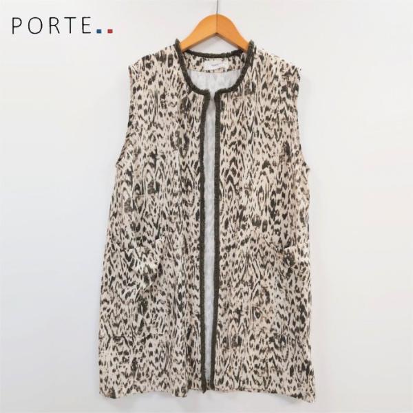レオパードジレ フリンジ付き 500-28550 porte ベスト 前開き ノーカラー アニマル ...