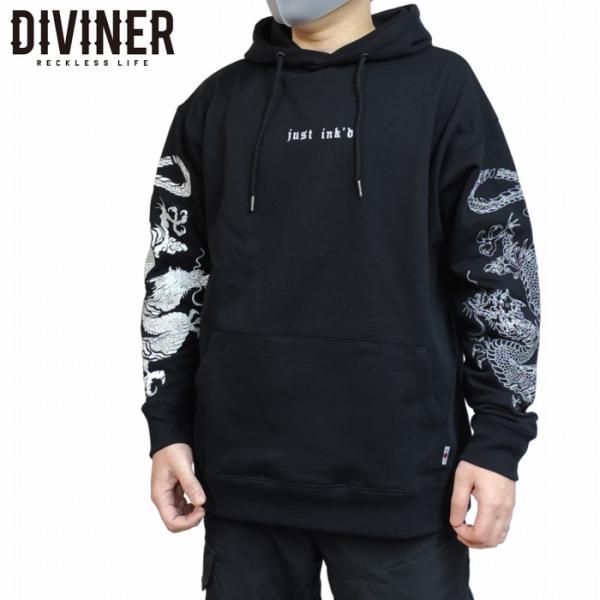 ジャストインクドフーディー 両腕に龍の刺繍 プルパーカー トレーナー 68631-wht DIVIN...