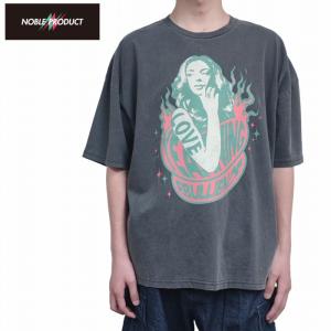 半袖Tシャツ LOVE ガールズプリント ピグメント ダメージ加工 n24-305-b NOBLE PRODUCT ノーブルプロダクト ストリート カジュアル ワイドシルェット｜plustokageya