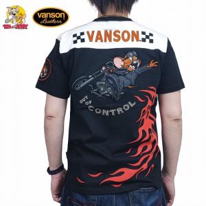 半袖Tシャツ 切替デザイン フットボール切替 ファイアー ジェリー tjv-2420 VANSON×トム＆ジェリー アメカジ バイカー コラボ ハーレー 刺繍 月桂樹｜plustokageya