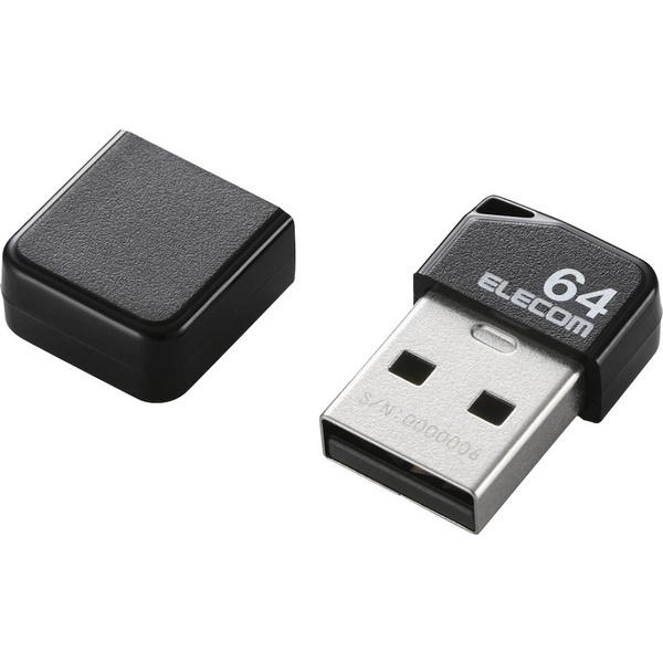 ELECOM MF-SU2B64GBK USBメモリ/ USB2.0/ 小型/ キャップ付/ 64G...