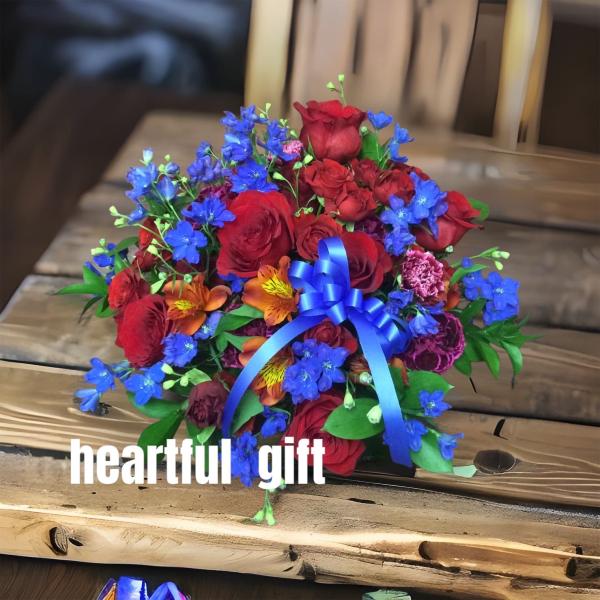 お悔み お供え ブルー系 赤バラ 生花 アレンジメント 6600円 おしゃれ 現代風 仏花 枕花 命...