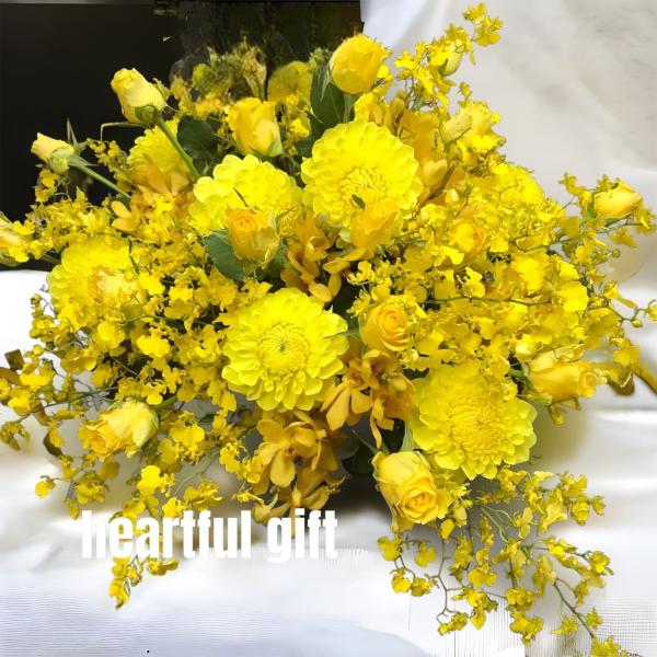 お悔み お供え 生花 アレンジメント 蘭 黄色系 16500円 おしゃれ 現代風 仏花 枕花 命日 ...