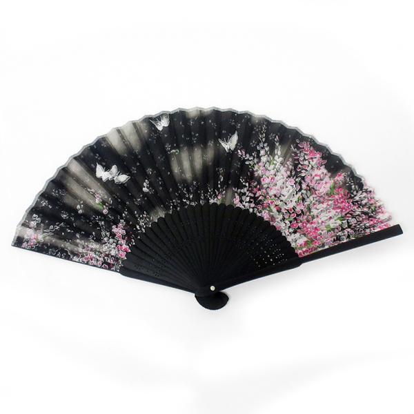 高級シルク扇子 花と蝶 ブラック No.504-754（ファッション雑貨・和雑貨・和土産）