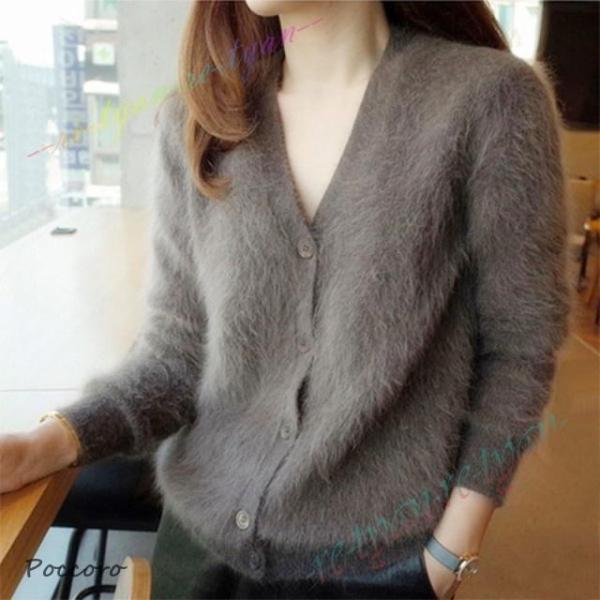 冬新作 秋冬 ふわふわ モヘア ニット カーディガン Vネック セーター レディース トップス 4c...