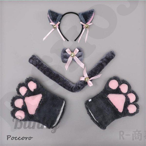 ねこコスチューム 猫耳カチューシャ チョーカー しっぽ 肉球手袋 4点セット 鈴付き  仮装 コスチ...