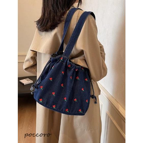 春新作花刺繍デニムバッグ デニム ショルダーバッグ 巾着バッグ ショルダー ドロスト 巾着 巾着ポー...