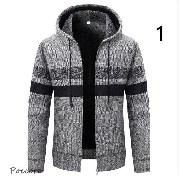 ニット カーディガン メンズ フード付き 裏ボア ジャンパー セーター ポケット ボーダー柄 保温 ...