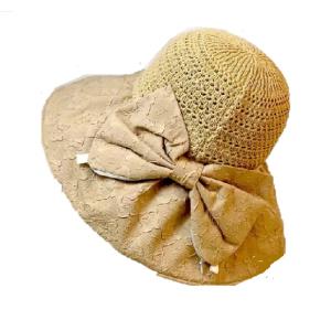 レデイース帽子　UVカット　つば広帽子　リボンを外せば収納ケースに　透かしニット編み＆エンボス加工　　｜Pochi Pochi