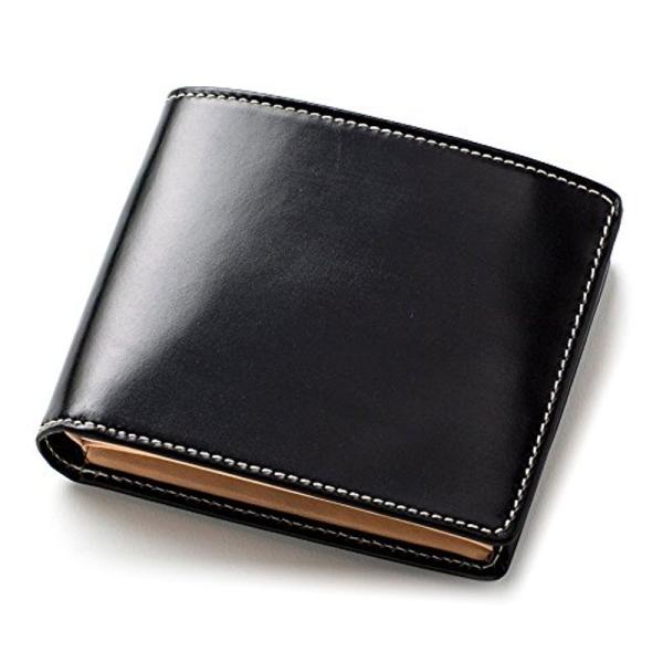 ブリティッシュグリーン 二つ折り財布 英国製ブライドルレザー使用 メンズ (01.ブラック) 財布