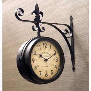 ステーションクロック 壁掛け時計 両面時計 Ｌサイズ ブラック ウォールクロック おしゃれ時計 アンティーク 模様替え 北欧雑貨 両面時計
