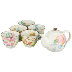 セラミック藍 花ことば 5客ポット茶器 5種の花 サイズ：約W26 D23 H10 01526｜pochon-do