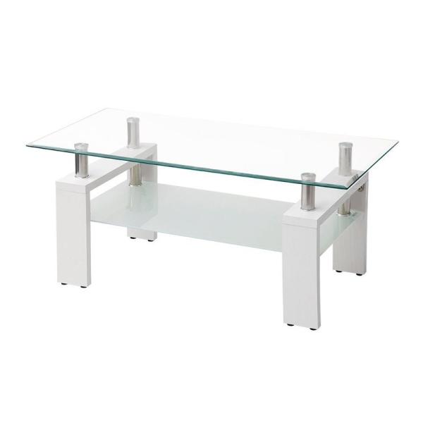 (OSJ)ガラステーブル コーヒーテーブル 幅88cm 強化ガラス天板(クリア天板+ホワイト脚)