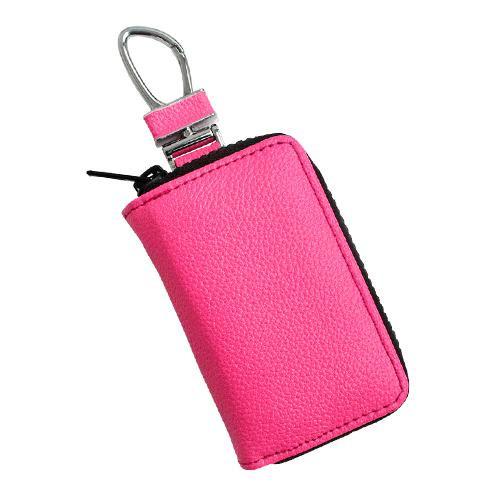 スマートキーケース 蛍光ピンク レザー製 キーホルダー 鍵 収納 整理