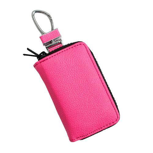 スマートキーケース 蛍光レザー 蛍光ピンク ダブルファスナー 2個収納