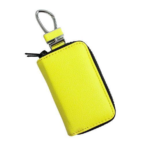 スマートキーケース ダブルファスナー 蛍光イエロー レザー 鍵入れ ポーチ