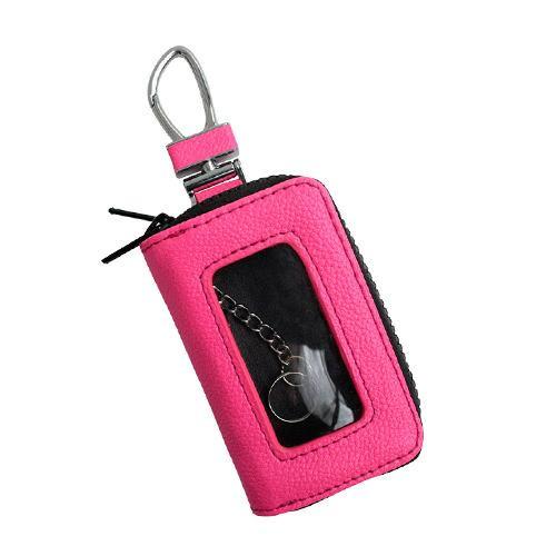 スマートキーケース 蛍光ピンク クリア窓 ダブルファスナー レザー 鍵 収納 アクセサリー