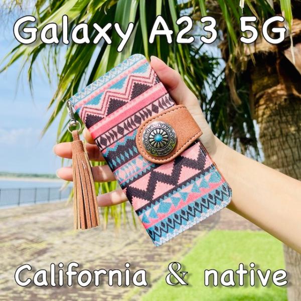 Galaxy A23 5G レザーケース☆ネイティブ&amp;コンチョ☆ギャラクシー手帳型カバー☆