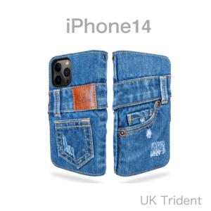 スマホケース iPhone14 手帳型　ダメージデニム デニム生地 ジーンズ　スマホカバー おしゃれ かわいい UK Trident（ユーケートライデント）