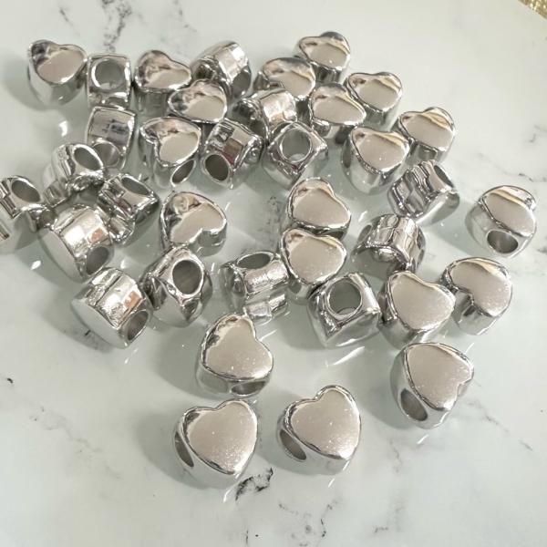 30個 9.5mm ハート 大穴 プラスチック ビーズ  シルバー