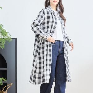 コットンガーゼ チェック柄 ロングシャツ レディース 長袖 チュニック 大きいサイズ 春/L〜LL｜poemstyle