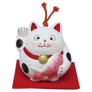 土鈴 金運キャット (鯛) 敷物付素焼き陶製 猫の人形・ネコの置物・ねこの和雑貨