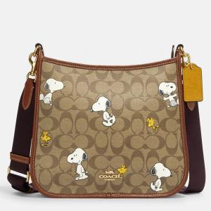 ショルダーバッグ【COACH コーチ】スヌーピー コラボ ウッドストック シグネチャー ブラウン レザー