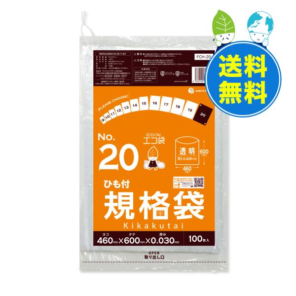 ひも付 規格袋 20号 46x60cm 0.030mm厚 透明 100枚x10冊x3箱 FCH-20...