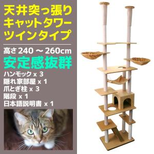 天井突っ張りキャットツインタワー ねこタワー 猫タワー 多頭飼い 全高240〜260cm ネコ 爪とぎ ハウス ハンモック A55CATWA