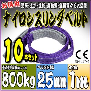 10本セット ナイロンスリングベルト 1m 幅25mm 使用荷重800kg 0.8t 吊り 荷締 吊上げ 吊荷 玉掛け 荷物 牽引 ロープ 物流 運搬 流通 車  HRS008P010SET10｜pond