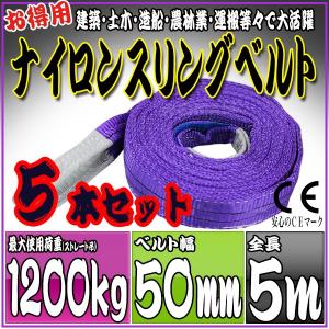 5本セット ナイロンスリングベルト 5m 幅50mm 使用荷重1200kg 1.2t 吊り 荷締 吊上げ 吊荷 玉掛け 荷物 牽引 ロープ 物流 運搬 流通 車  HRS0120P050SET5｜pond