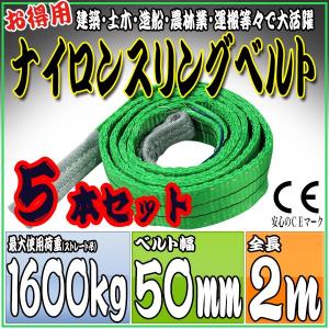 5本セット ナイロンスリングベルト 2m 幅50mm 使用荷重1600kg 1.6t 吊り 荷締 吊上げ 吊荷 玉掛け 荷物 牽引 ロープ 物流 運搬 流通 車  HRS0160P020SET5｜pond