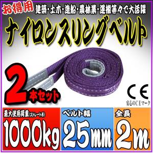 2本セット ナイロンスリングベルト 2m 幅25mm 使用荷重1000kg 1t 吊り 荷締 吊上げ 吊荷 玉掛け 荷物 牽引 ロープ 物流 運搬 流通 車  HRS01P020SET2｜pond